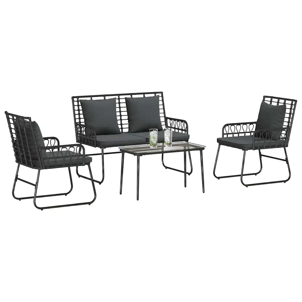 Set da giardino 4 pezzi con tavolo: divanetto e poltrone, cuscini antracite, struttura nera.