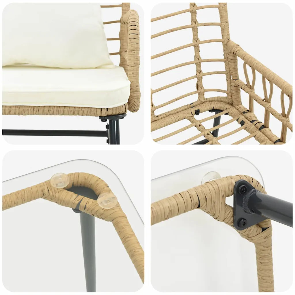 Dettagli poltroncina: intreccio in polyrattan beige e giunzioni del telaio nero