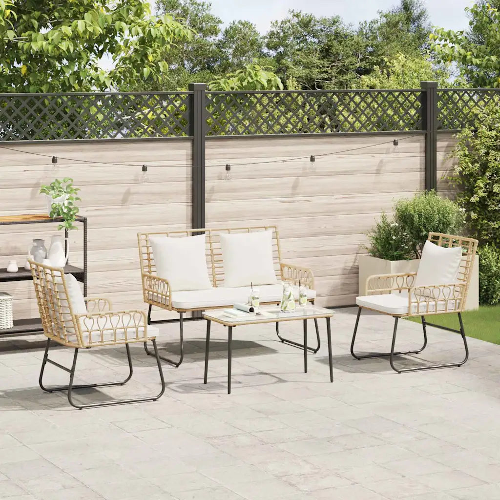 Set mobili da giardino: 4 poltroncine con cuscini bianchi e tavolo rettangolare in polyrattan