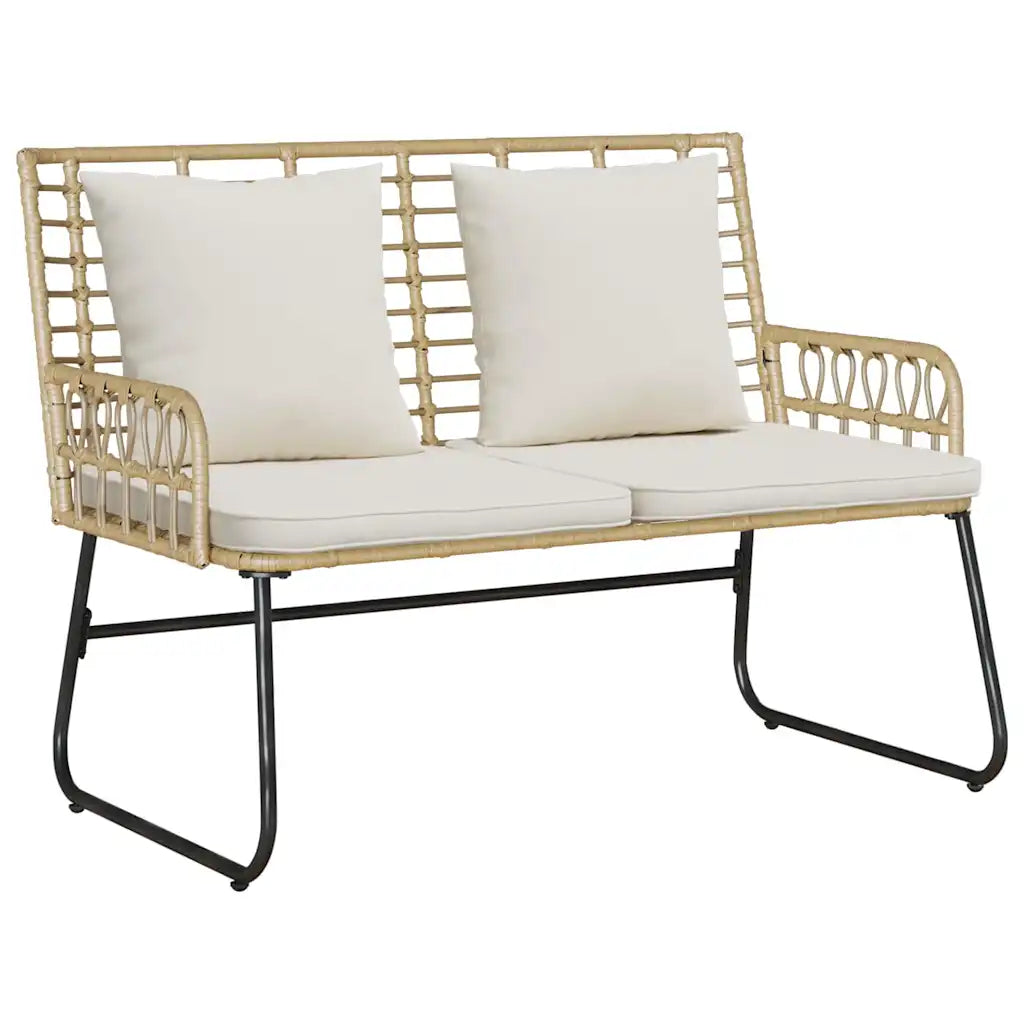 Panca da giardino in polyrattan beige con 2 cuscini bianchi e telaio nero
