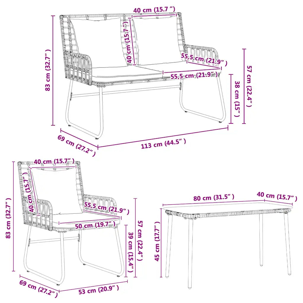 Diagramma dimensioni set: poltroncina e tavolo, misure in cm e pollici