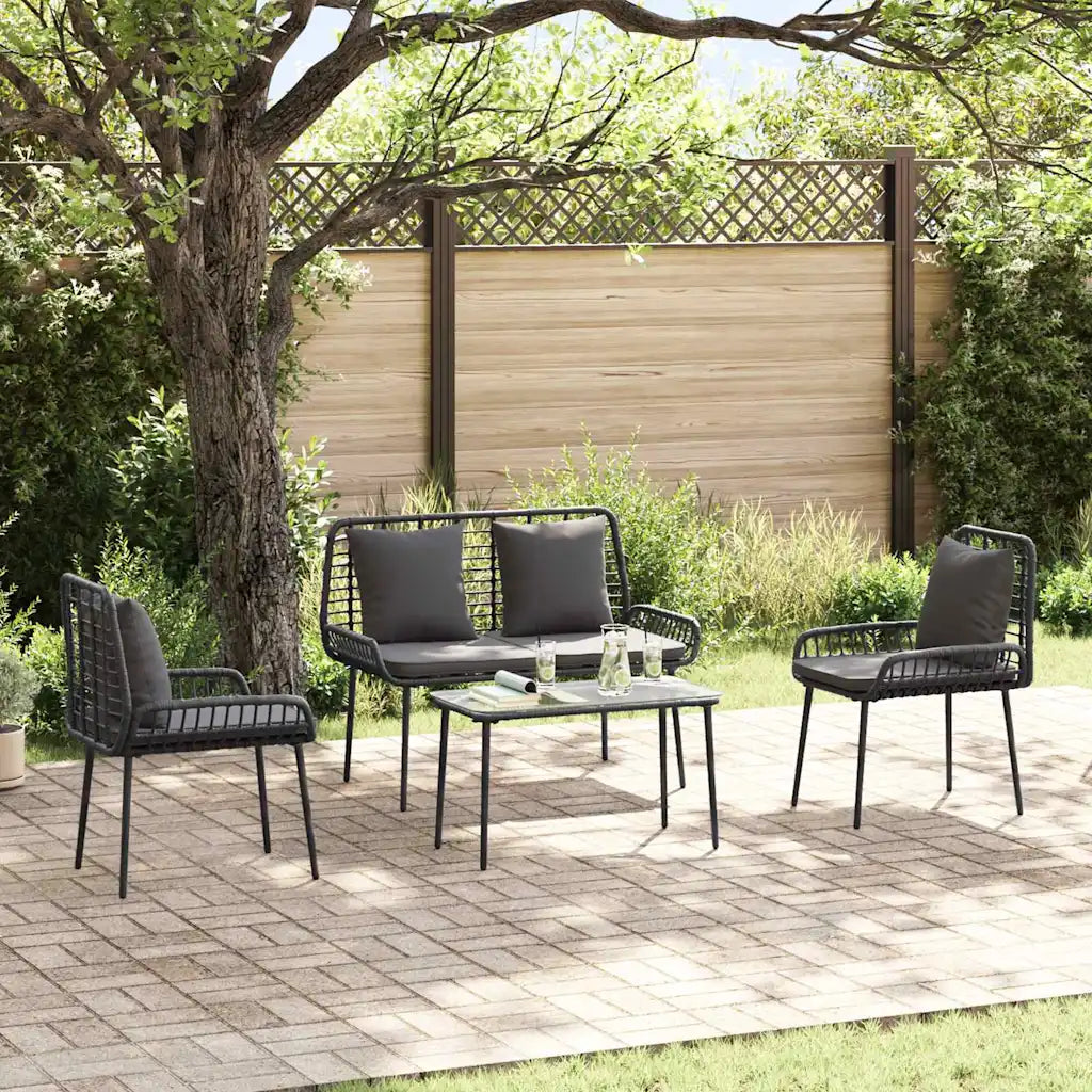 Set mobili da giardino con 2 sedie e tavolo in polyrattan nero, cuscini grigi