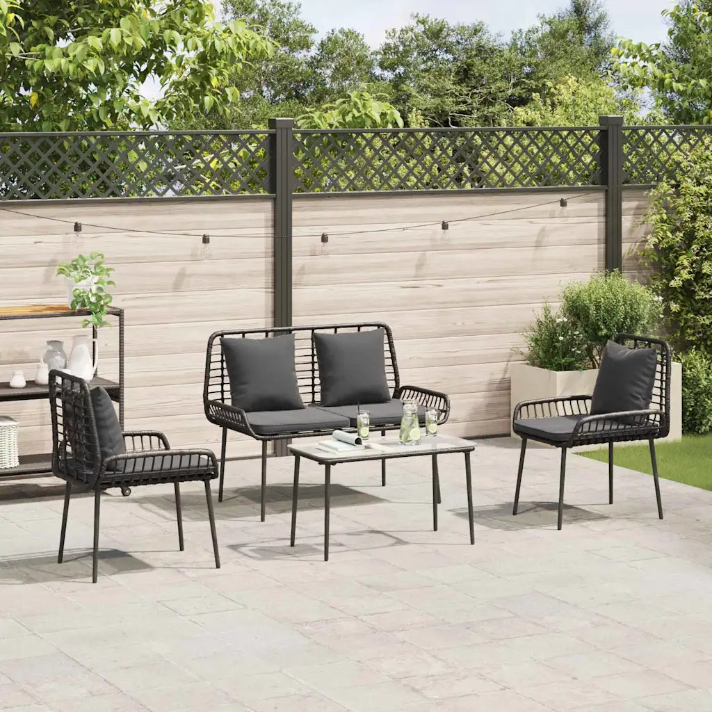 Set mobili da giardino in polyrattan: 2 sedie e tavolo con cuscini grigi