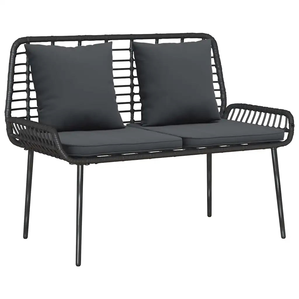 Panchina da giardino in polyrattan nero a 2 posti con 2 cuscini grigi