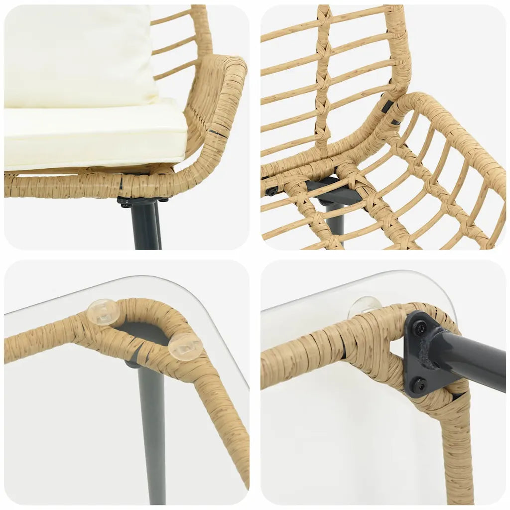 Dettagli polyrattan crema: intreccio e giunti delle gambe nere del set da giardino