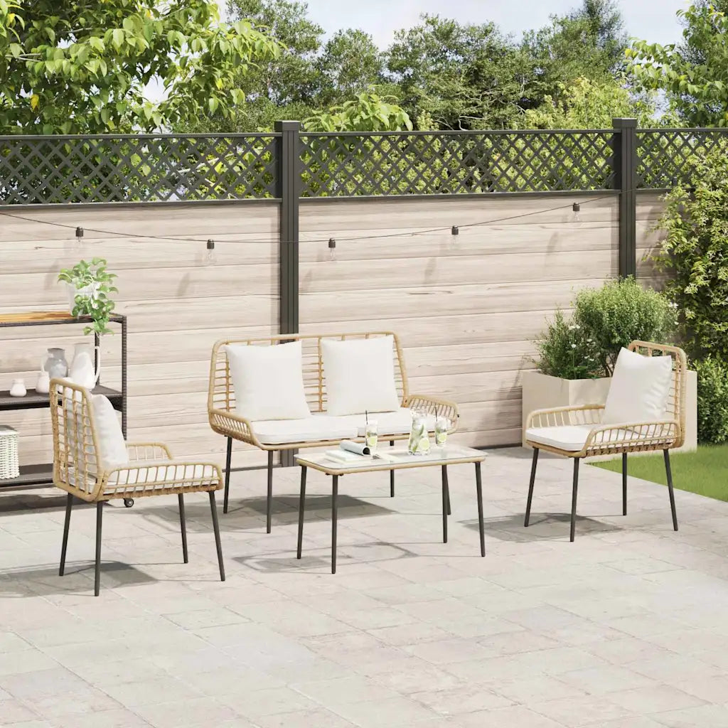 Set mobili da giardino 4 pz con tavolo e 3 sedie in polyrattan crema e sedute chiare