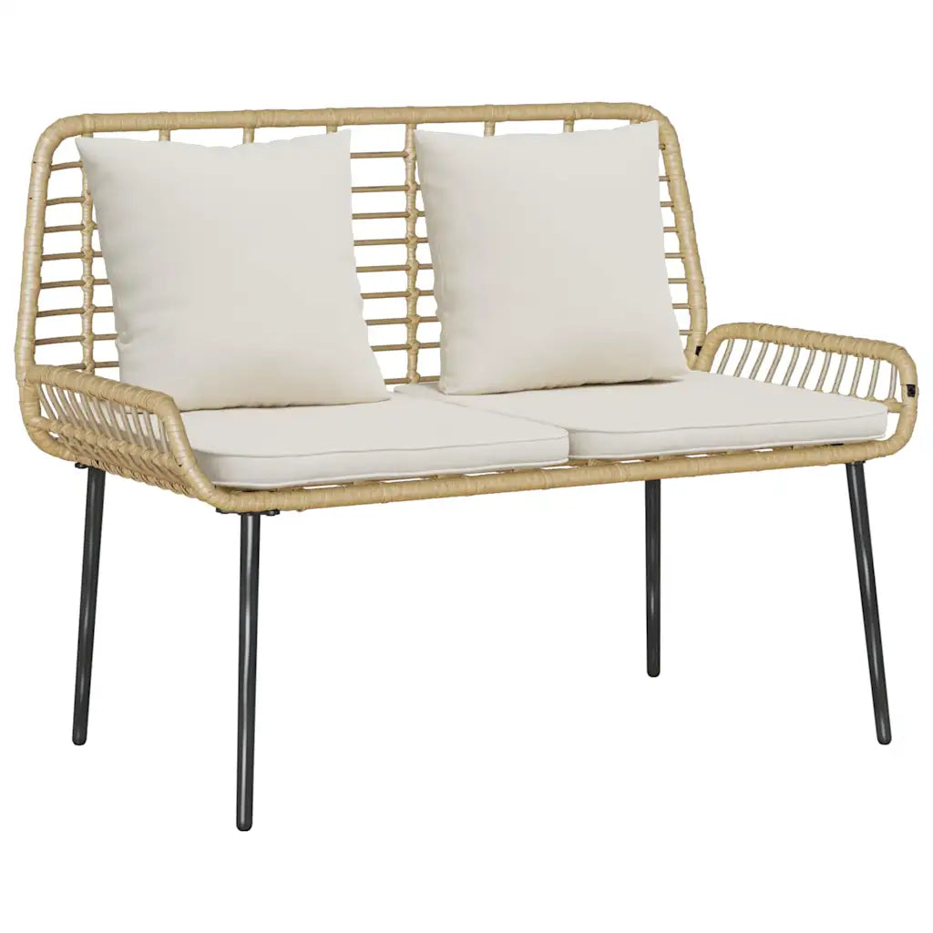 Divanetto da giardino in polyrattan crema con cuscini bianchi e gambe nere