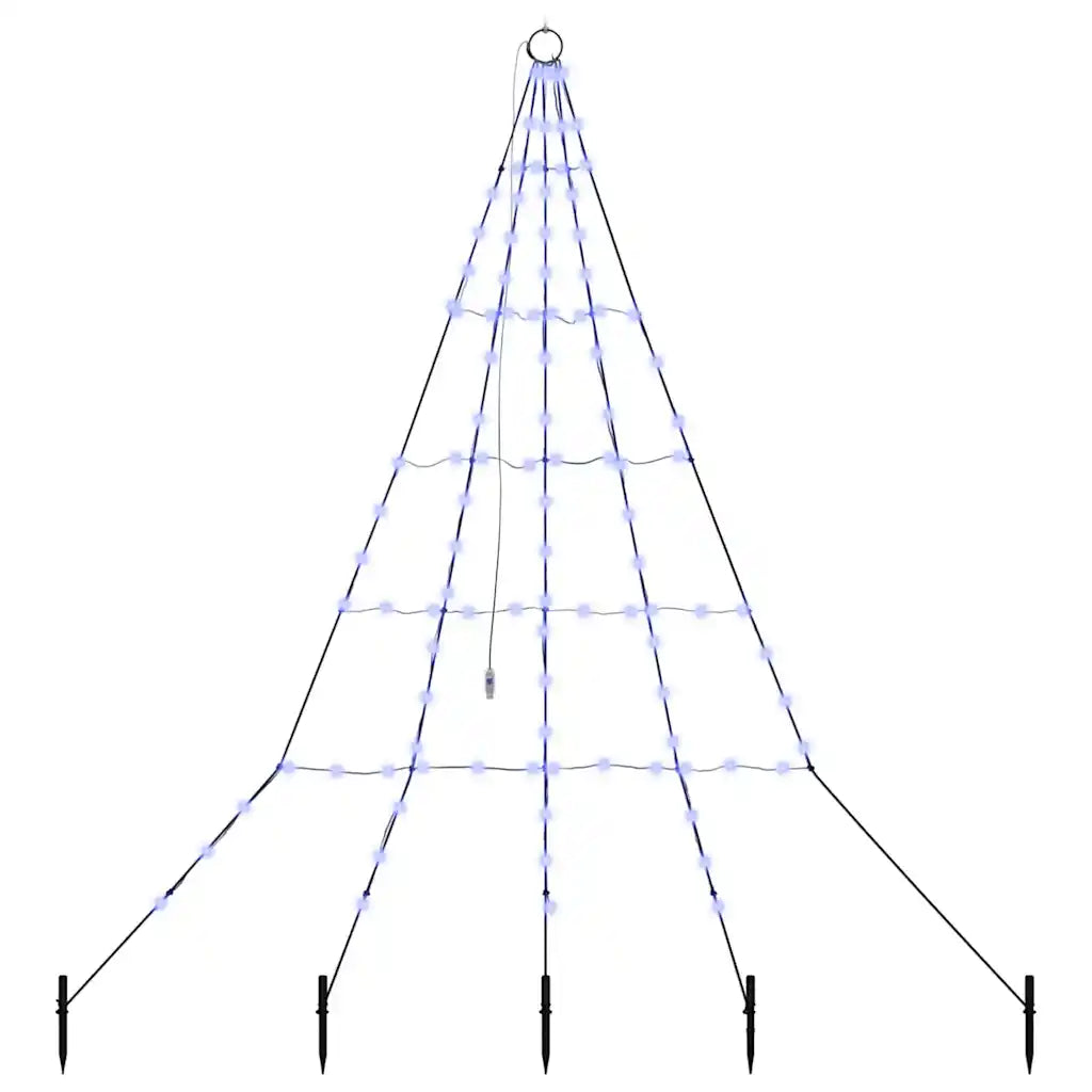 Albero di Natale LED blu a cono con picchetti per il terreno, vista frontale