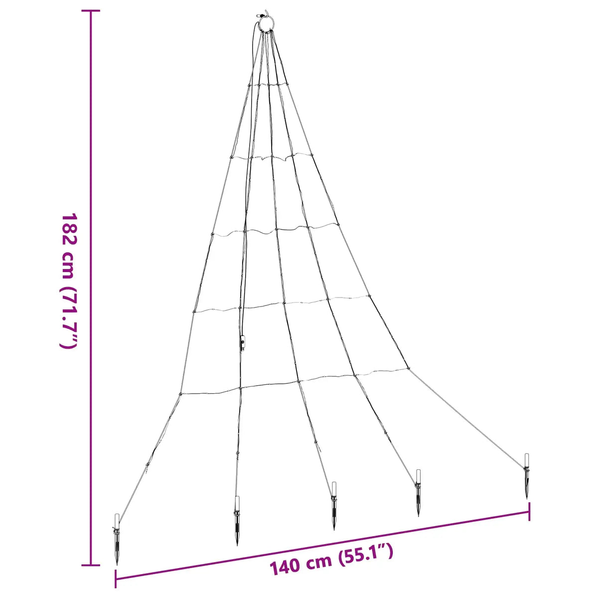 Albero di Natale LED a cono con misure 140 cm e 182 cm, picchetti inclusi