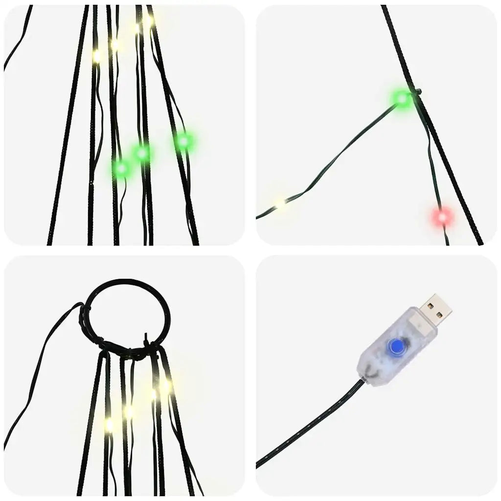 Dettaglio luci LED colorate su albero a cono e gancio di fissaggio, con telecomando USB