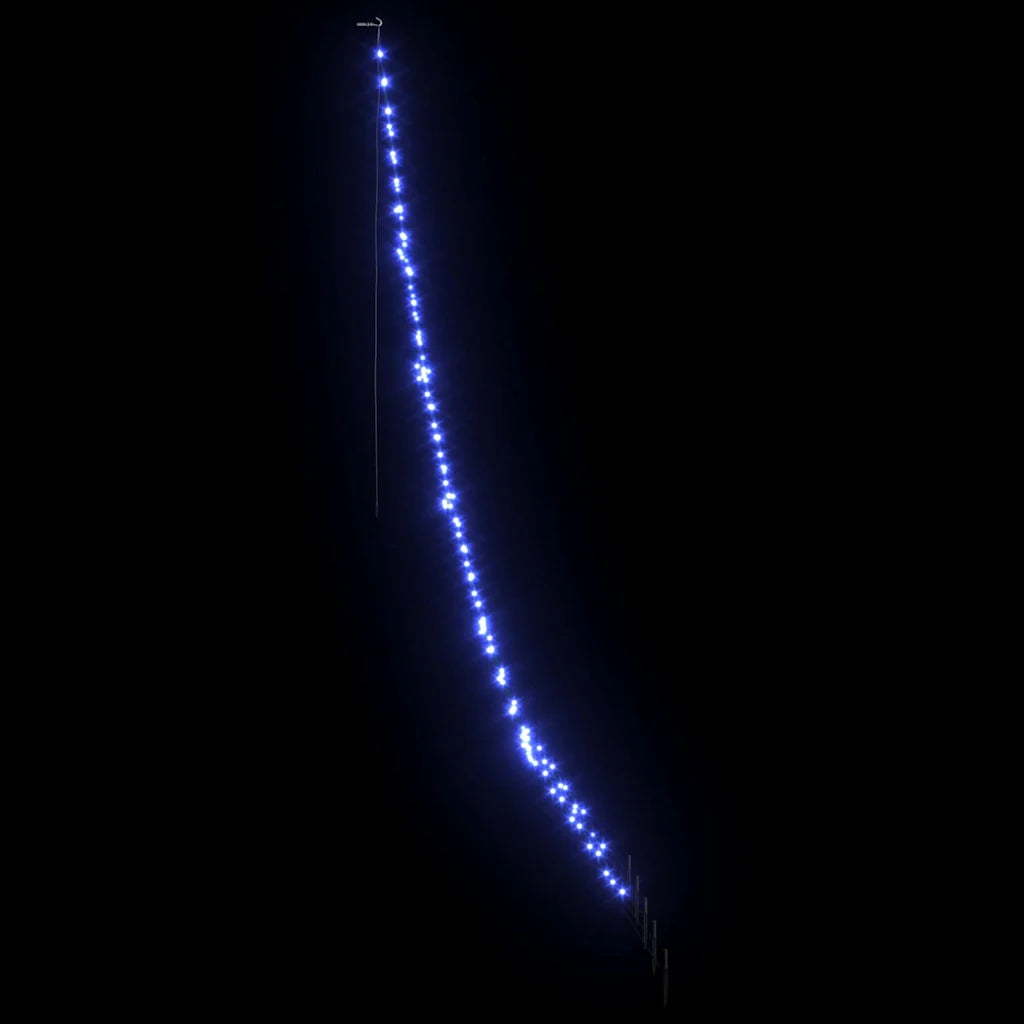Albero di Natale LED blu in vista laterale, luci a fila su struttura a cono