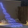 Albero di Natale LED blu con picchetti da terra, luci su struttura a cono.