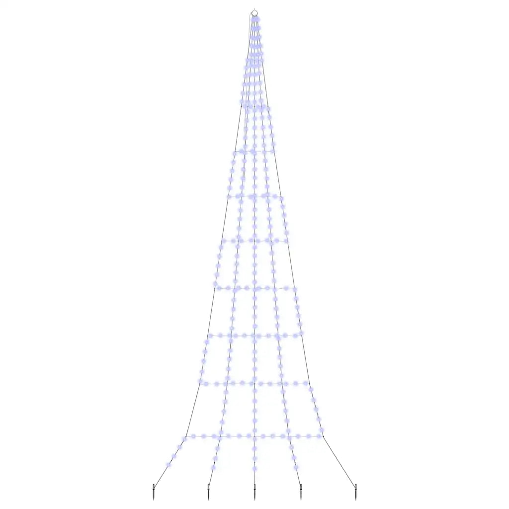 Albero di Natale LED blu, struttura a cono con molte luci bianche e picchetti.