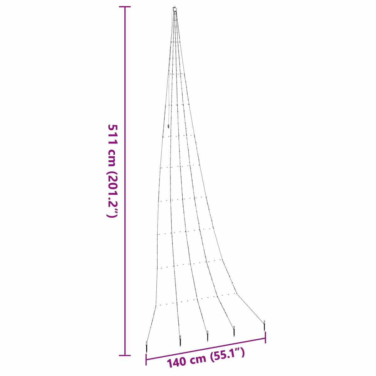 Albero di Natale LED blu con dimensioni: altezza 511 cm e base 140 cm.