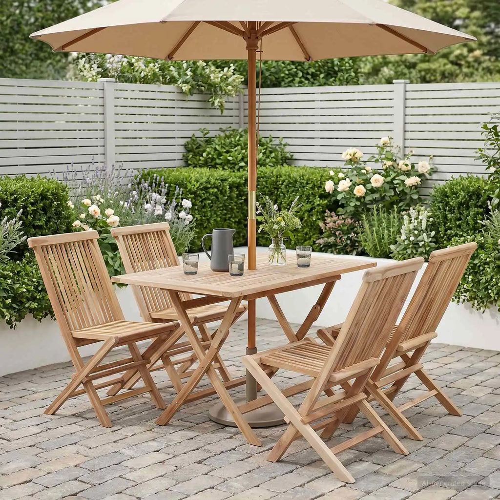 Set da giardino in teak naturale: tavolo rettangolare e 4 sedie pieghevoli