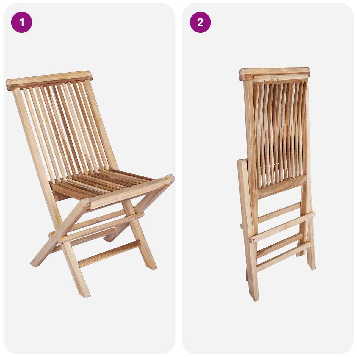 2 sedie da giardino in teak naturale, viste laterale e posteriore