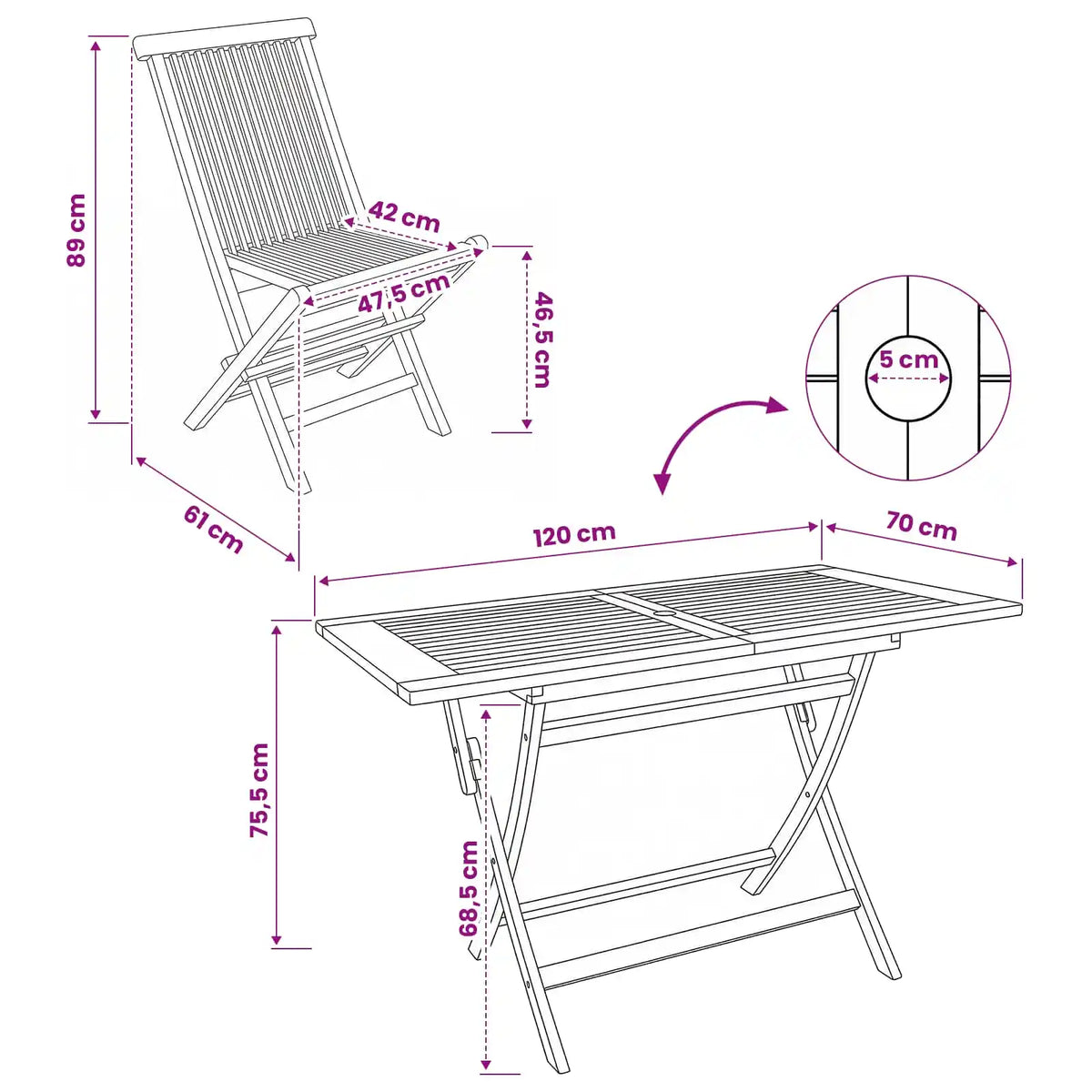 Schema misure: tavolo e sedia da giardino in teak (cm indicati)