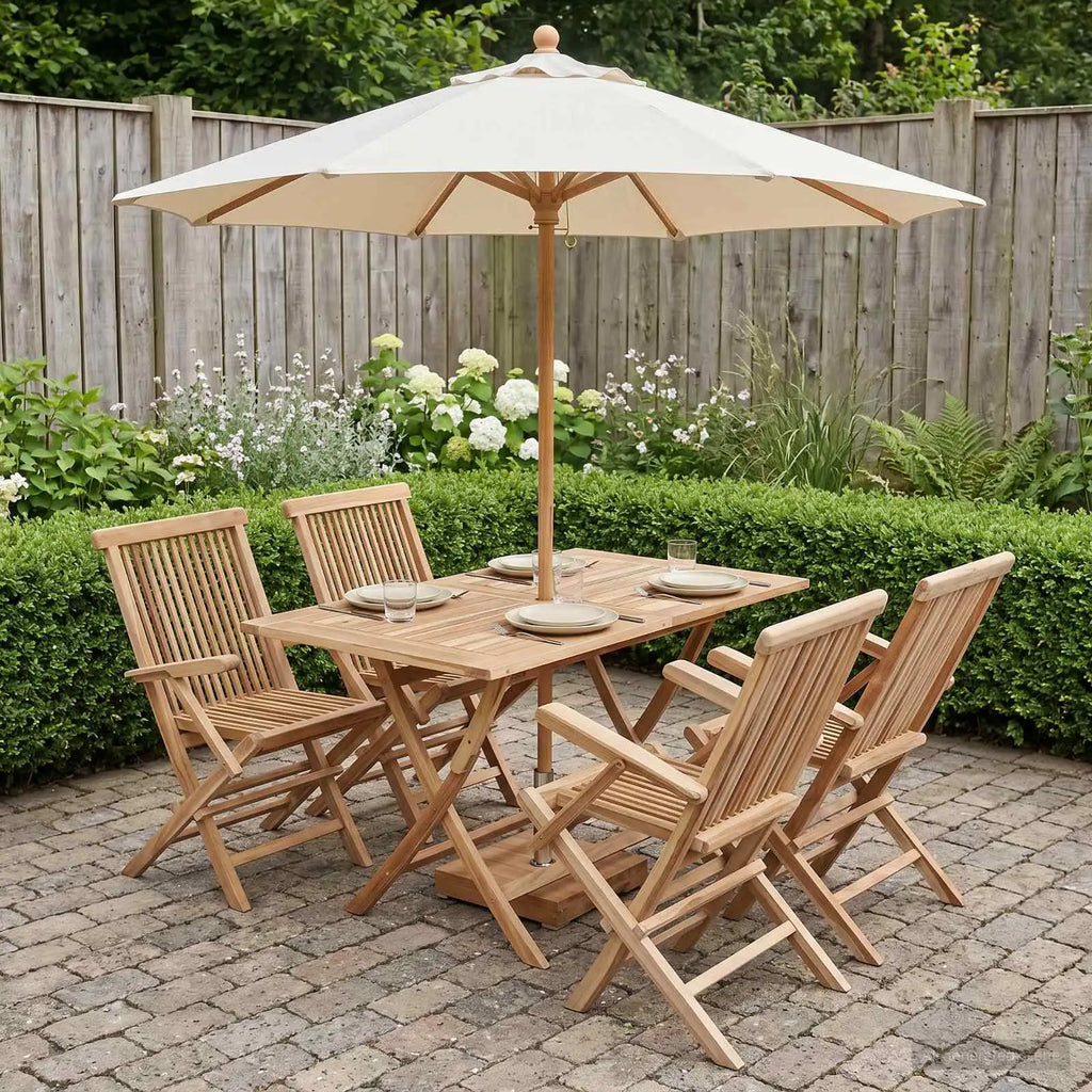 Set di mobili da giardino in legno di teak: tavolo con 4 sedie e parasole