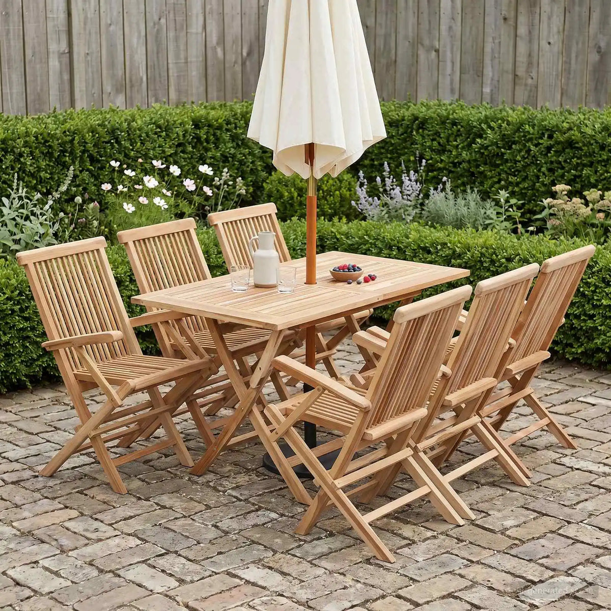 Set mobili da giardino in teak: tavolo con 4 sedie e ombrellone
