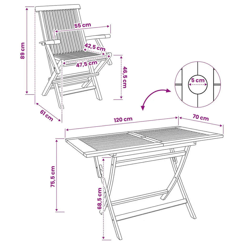 Schema dimensioni set da giardino in teak: sedia 89 cm, tavolo 120×75 cm