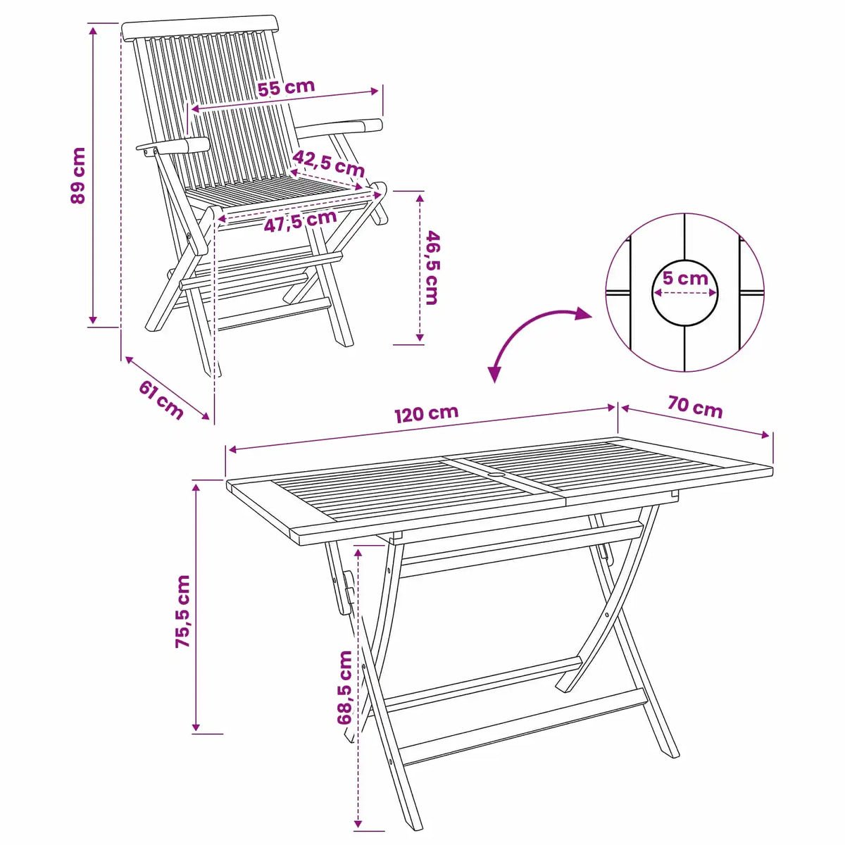 Schema dimensioni set da giardino in teak: sedia 89 cm, tavolo 120×75 cm