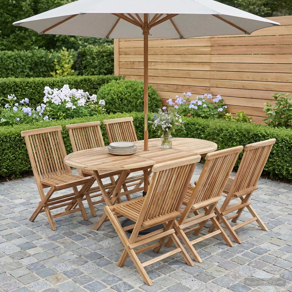 Set mobili da giardino in teak: tavolo rotondo e 6 sedie con ombrellone