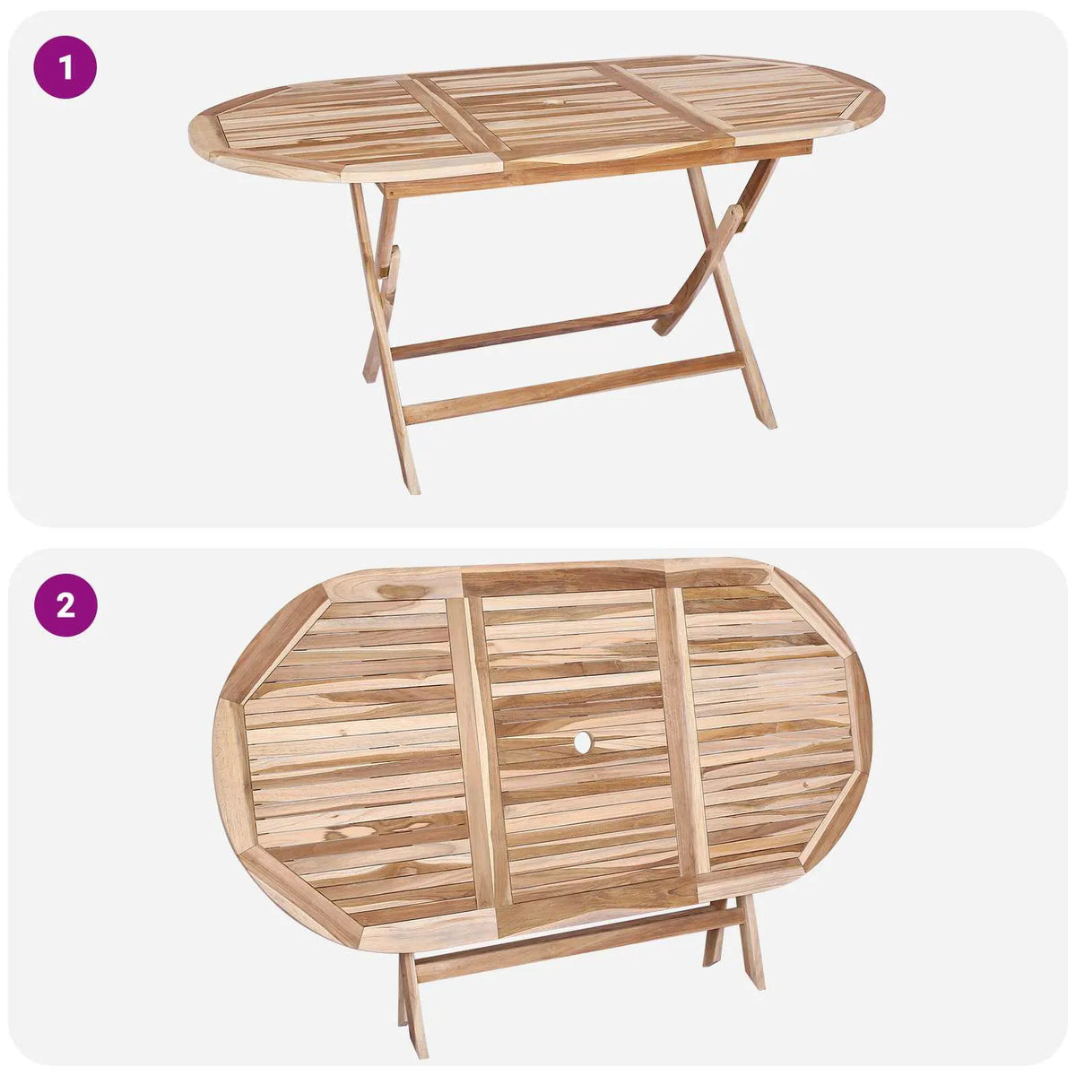 Tavolo da giardino in teak con piano a doghe e gambe pieghevoli