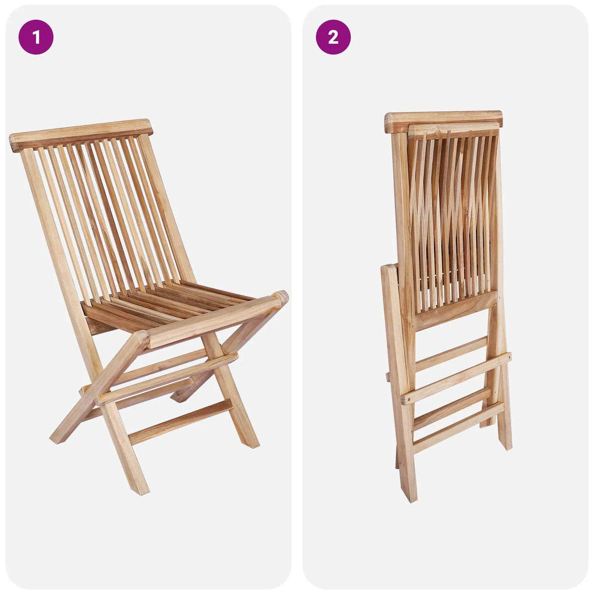 Set sedie da giardino in teak: schienale a doghe e struttura pieghevole