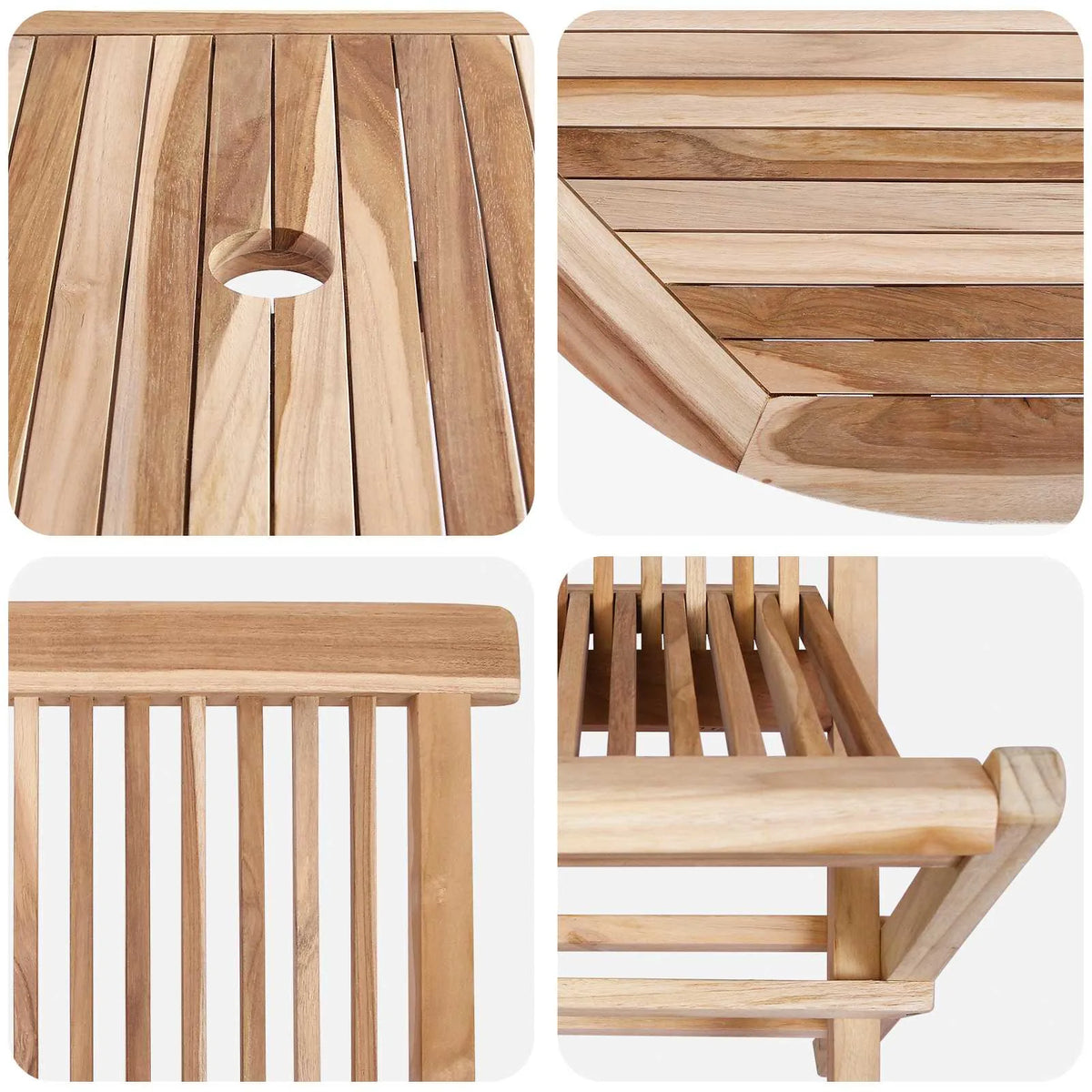 Dettagli in teak: venature, finiture e giunzioni della struttura di sedia e tavolo