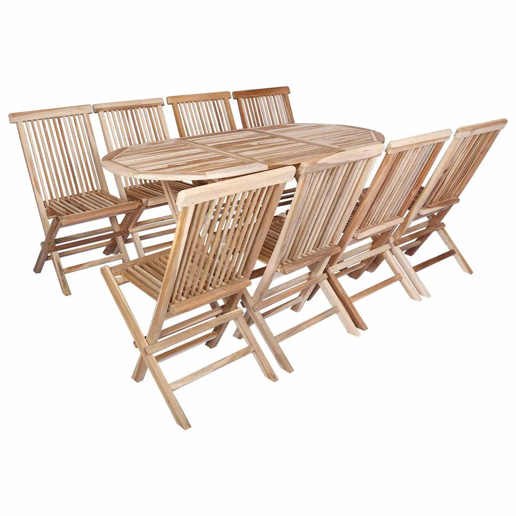 Set mobili da giardino in teak: tavolo e sedie con schienale e seduta a doghe