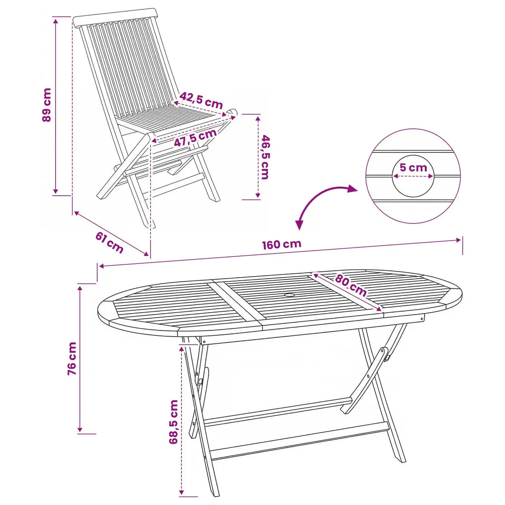 Disegno tecnico con misure in cm: sedia e tavolo pieghevoli da esterno in teak