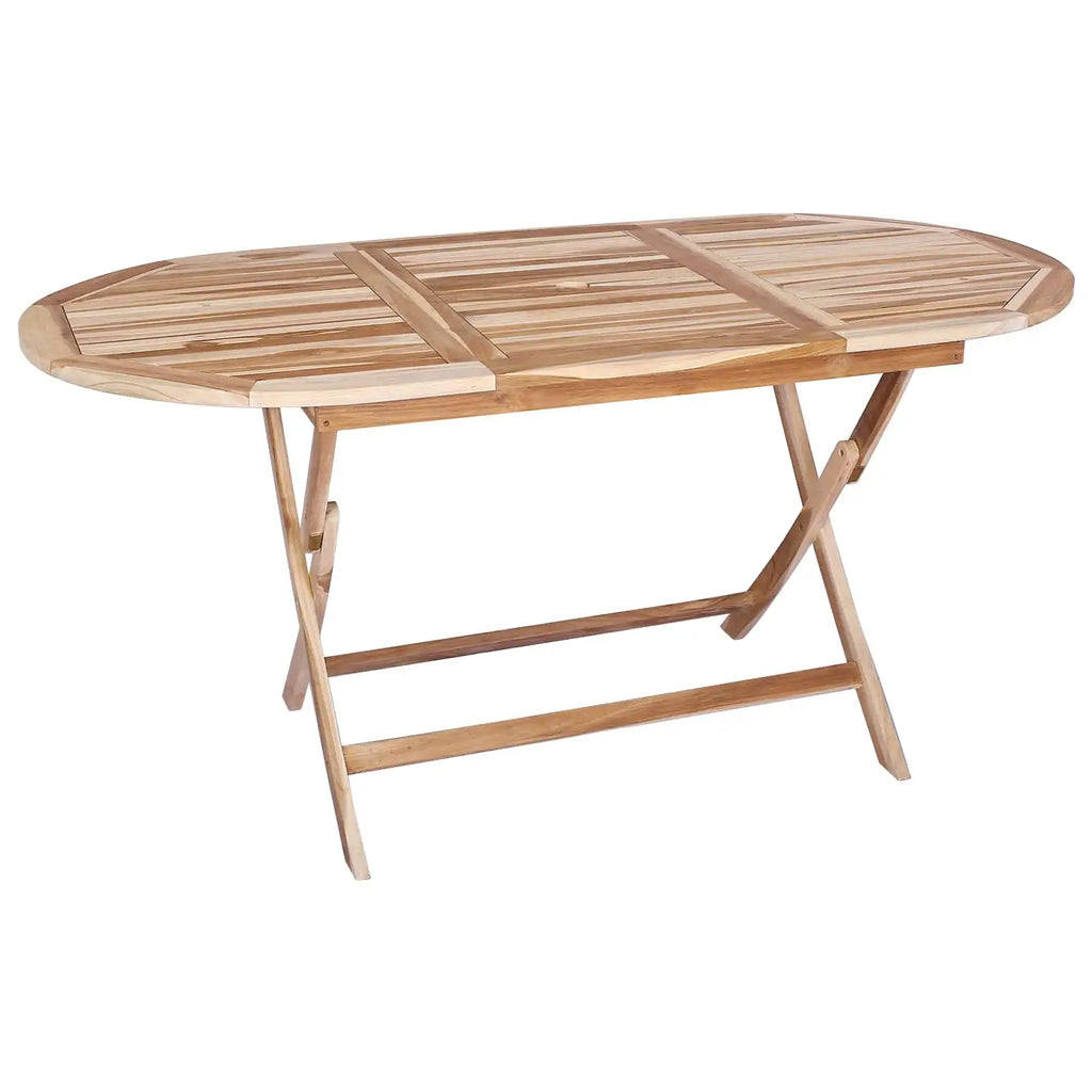 Tavolo da giardino tondo in legno di teak con piano a doghe e base pieghevole