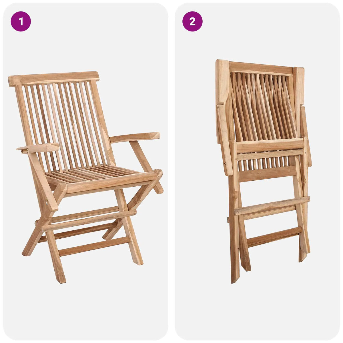 Sedia da giardino in legno di teak pieghevole, viste anteriore e posteriore