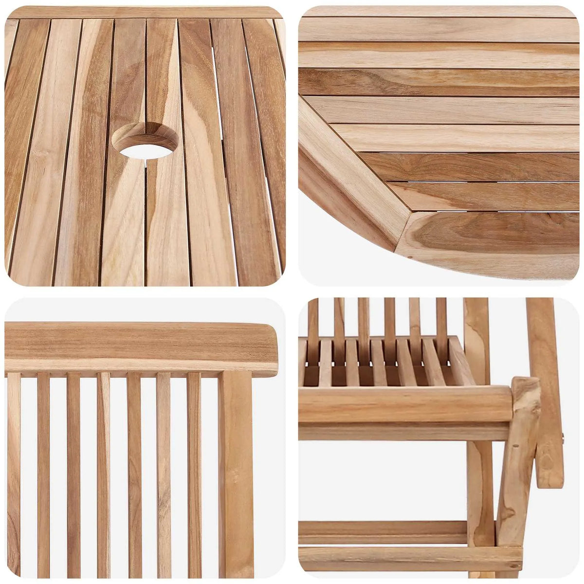 Set di mobili da giardino in teak, dettagli: doghe, bordi e struttura rinforzata