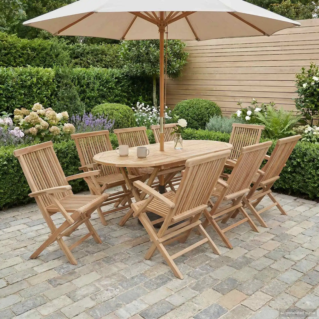 Set di mobili da giardino in teak: tavolo rotondo con sedie pieghevoli