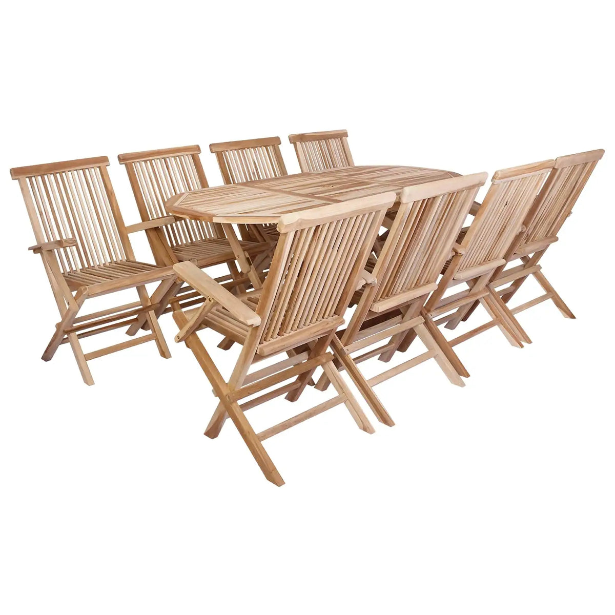Set di mobili da giardino in teak: tavolo e 8 sedie, vista dall’alto