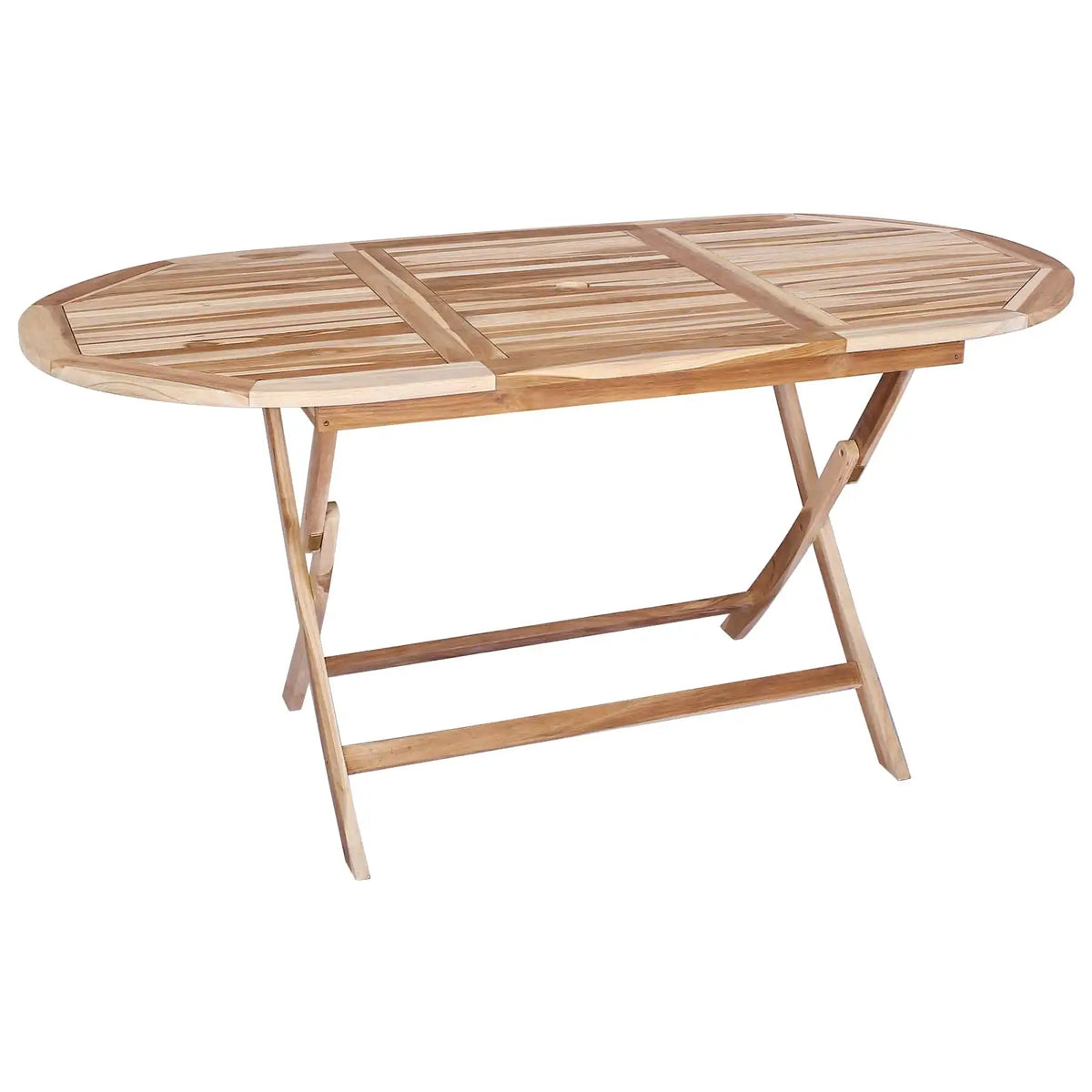 Set di mobili da giardino in teak: tavolo ovale con piano a doghe e gambe a X