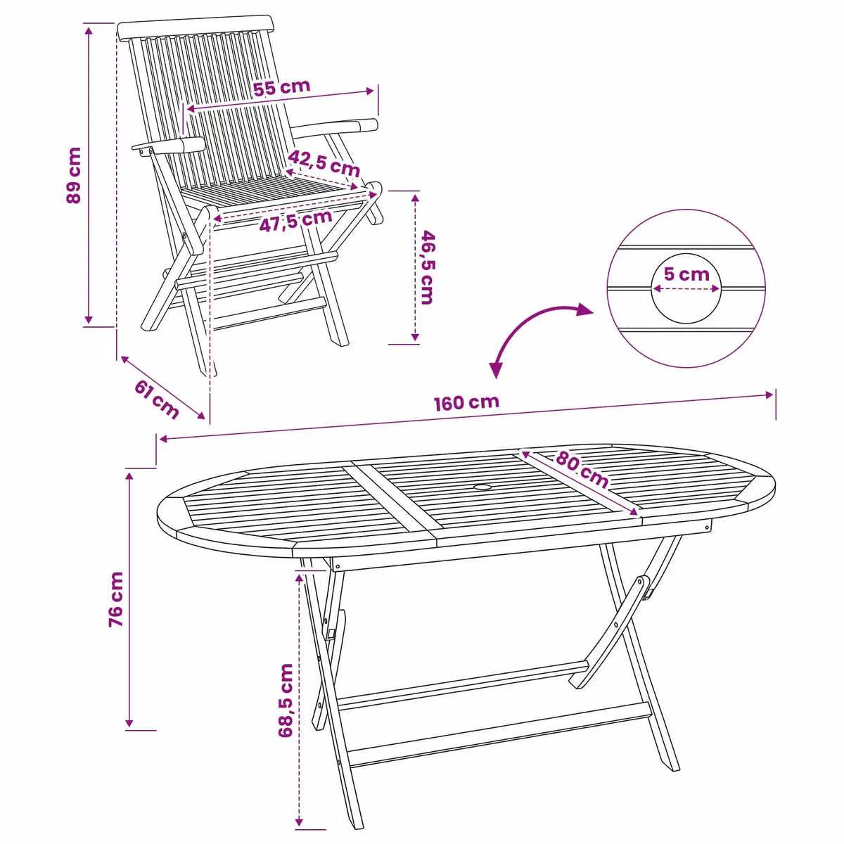 Set di mobili da giardino in teak, misure: tavolo 160x80 cm, altezza 69 cm