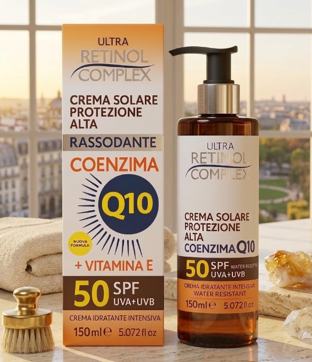 Crema solare SPF 50: flacone ambrato con pompa e scatola arancione