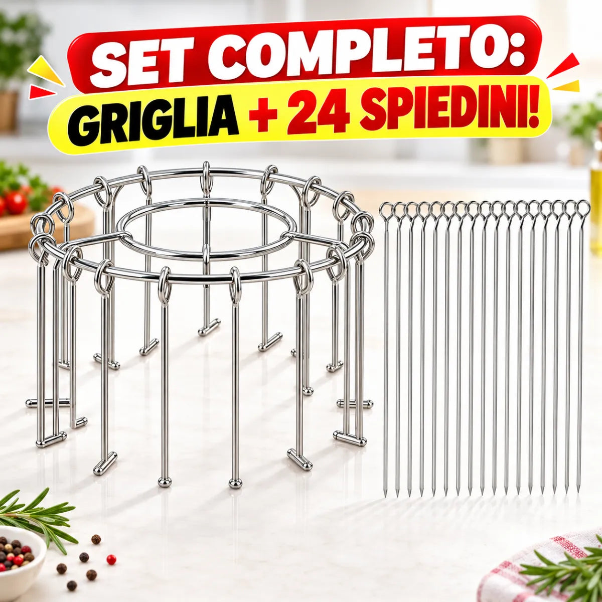 Griglia per Friggitrice ad Aria in Acciaio Inox con 24 Spiedini Verticali Rimovibili, Supporto Circolare per Kebab, Carne, Pollo, Pesce e Verdure