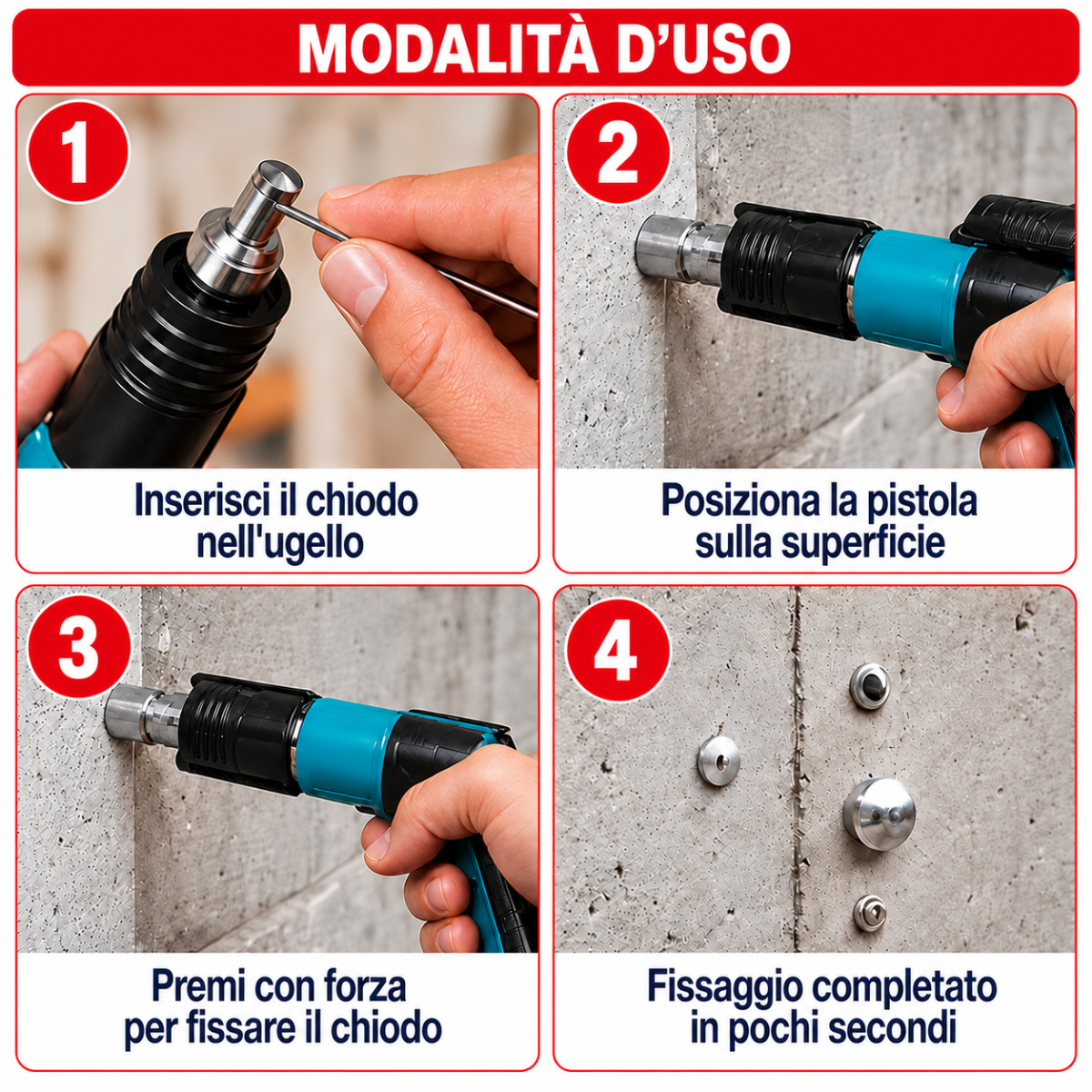 Pannello istruzioni a 4 riquadri per pistola sparachiodi con impugnatura azzurra