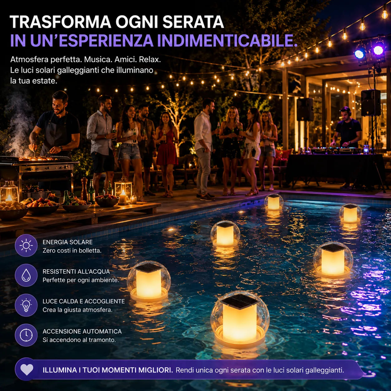 Lampade galleggianti LED solari impermeabili con luce calda in piscina