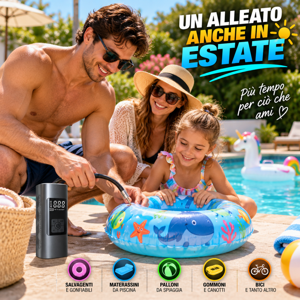 Compressore aria portatile elettrico usato per gonfiare un gonfiabile in piscina