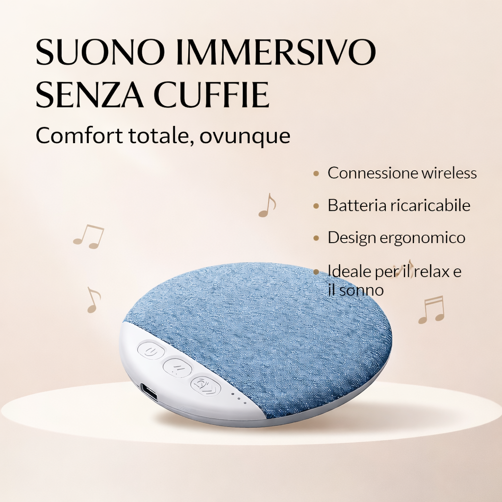 Altoparlante per cuscino Bluetooth blu con pulsanti e porta USB sulla base bianca
