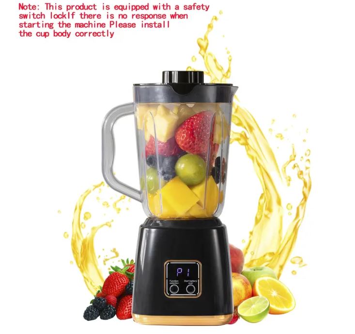 Frullatore portatile USB nero con caraffa trasparente e frutti misti