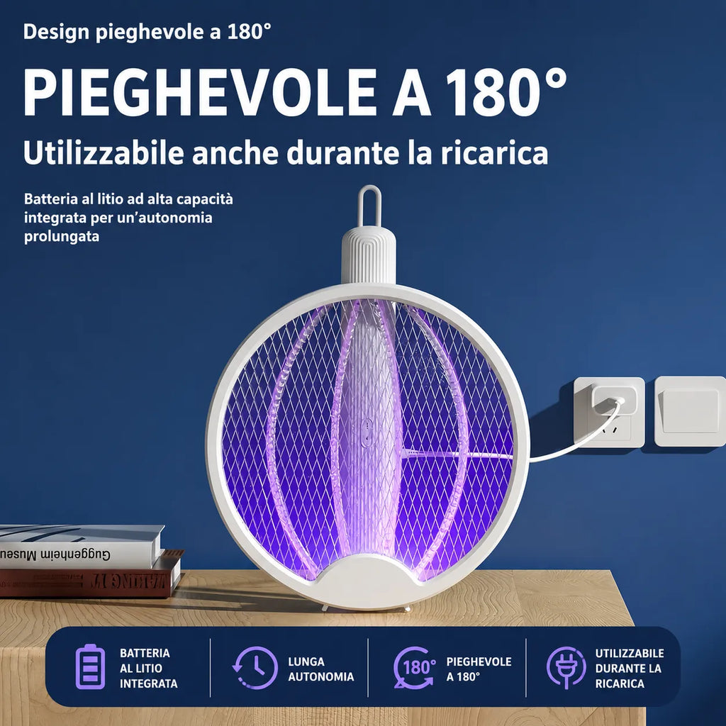 Racchetta Zanzare Elettrica 2 in 1 con Lampada UV Antizanzare Pieghevole USB Ricaricabile per Casa Campeggio Giardino