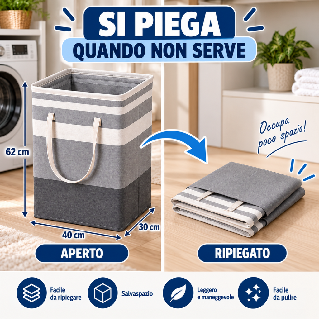 Cesto portabiancheria grigio a righe bianche con manici, parte superiore aperta