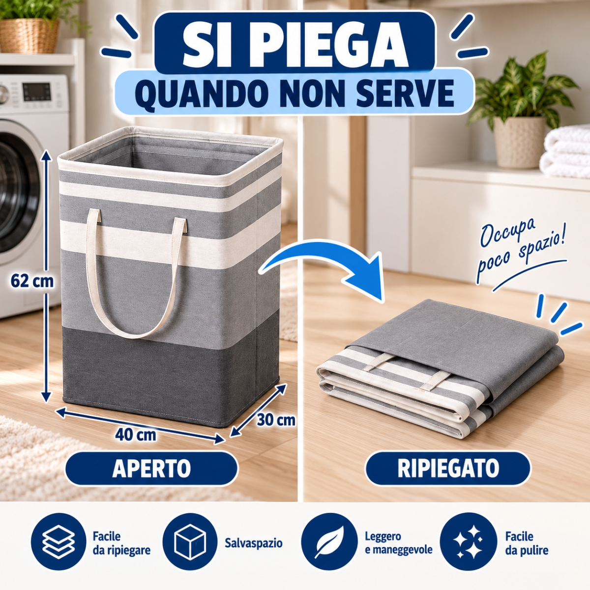Cesto portabiancheria grigio a righe bianche con manici, parte superiore aperta