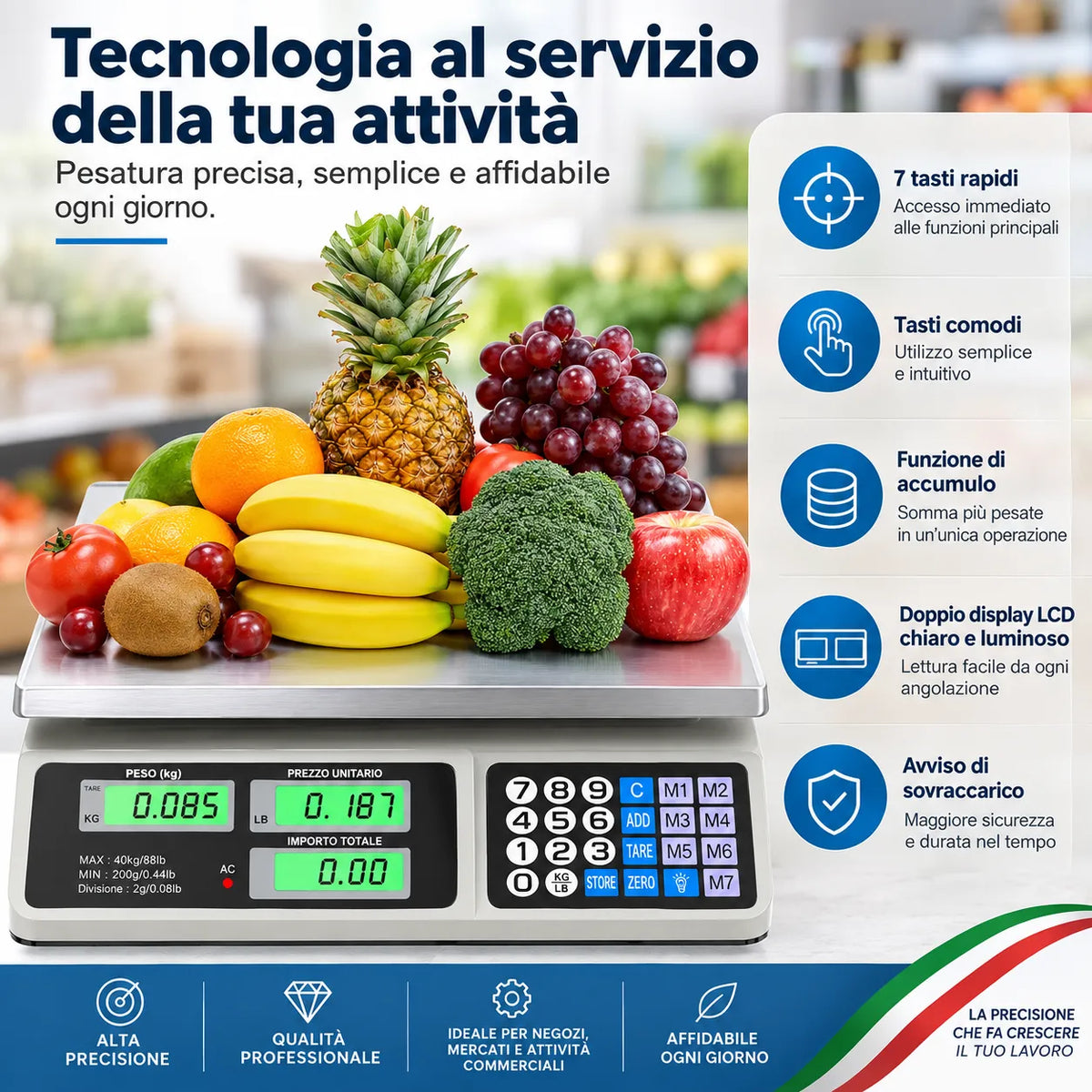 Bilancia commerciale elettronica con piattaforma inox e doppio display LCD