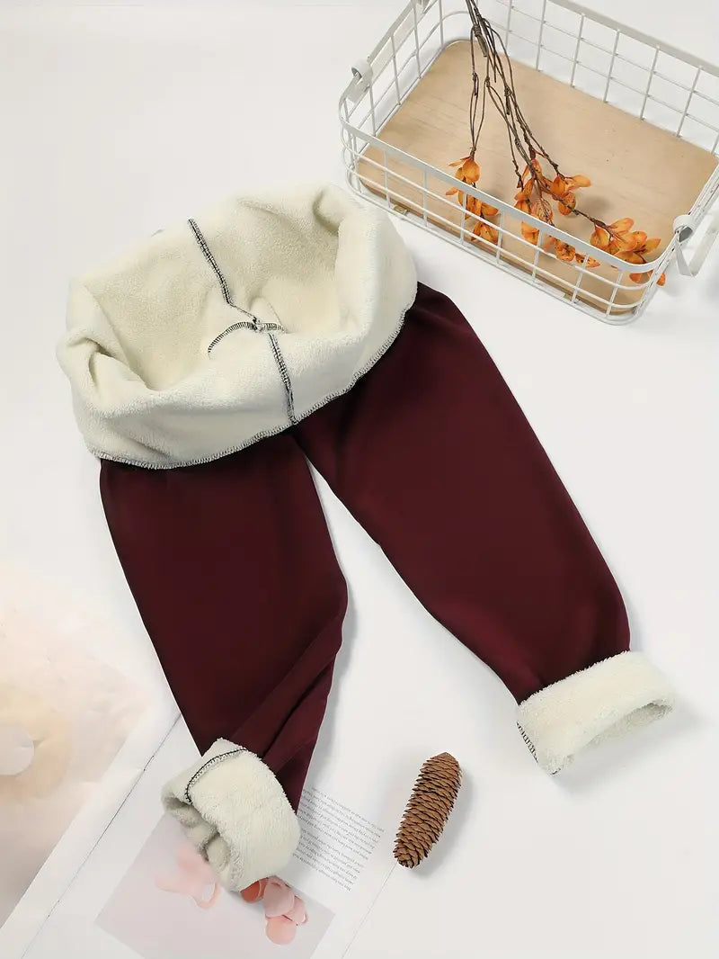 Leggings imbottiti rosso scuro con risvolto in pile bianco e cuciture